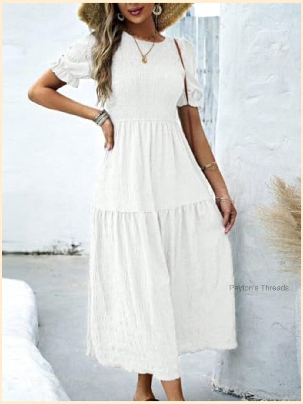 Short Sleeve Maxi Dress Modest Casual A-Line Tiered Flowy Smocked - Picture 4 of 6